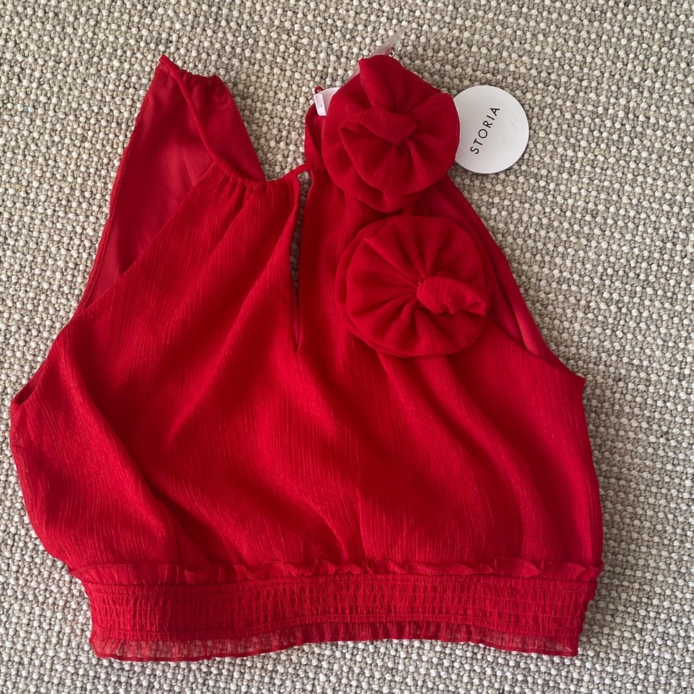 Storia Crimson Sleeveless Blouse with Rosette Details
